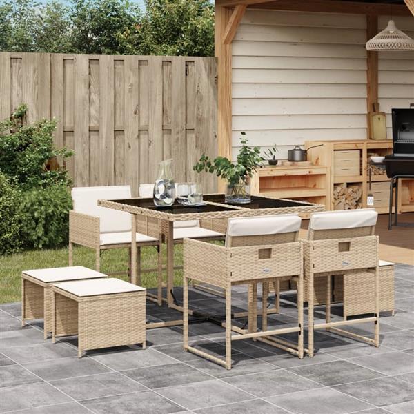 Grote foto vidaxl 9 delige tuinset met kussens poly rattan beige tuin en terras tuinmeubelen