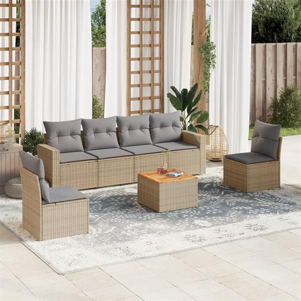 Grote foto vidaxl 7 delige loungeset met kussens poly rattan beige tuin en terras tuinmeubelen