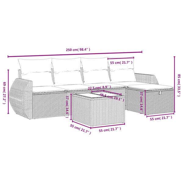 Grote foto vidaxl 6 delige loungeset met kussens poly rattan grijs tuin en terras tuinmeubelen