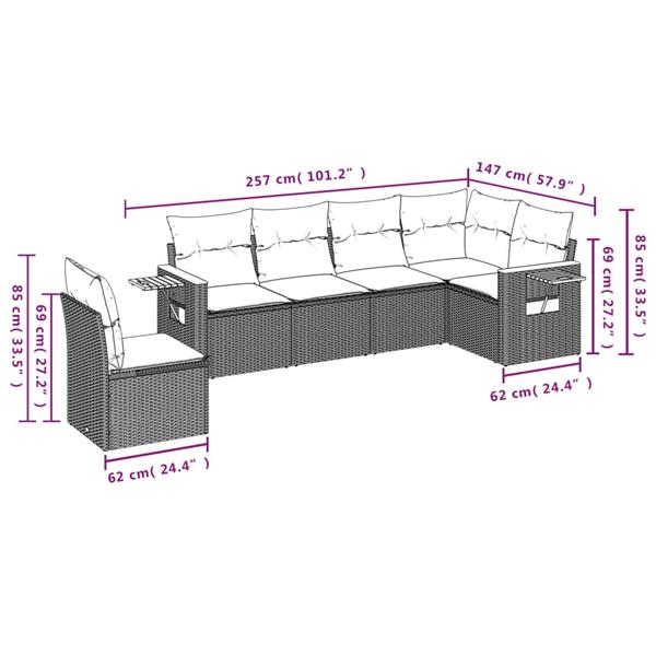 Grote foto vidaxl 6 delige loungeset met kussens poly rattan grijs tuin en terras tuinmeubelen