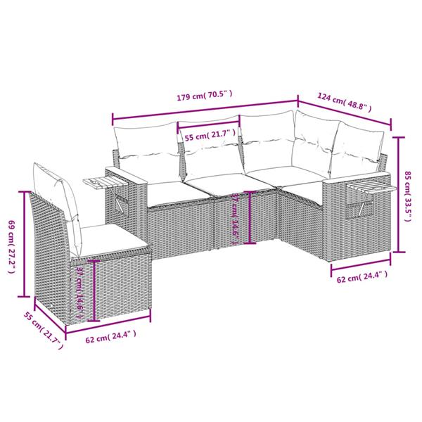 Grote foto vidaxl 5 delige loungeset met kussens poly rattan grijs tuin en terras tuinmeubelen