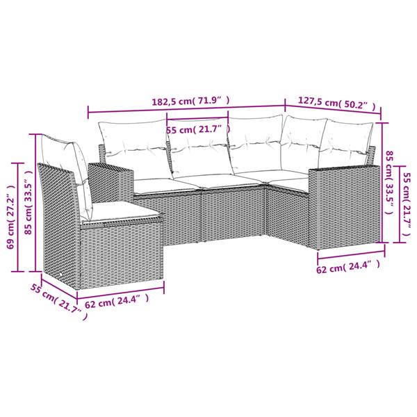 Grote foto vidaxl 5 delige loungeset met kussens poly rattan grijs tuin en terras tuinmeubelen