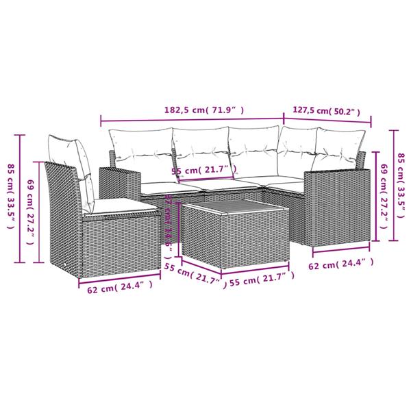 Grote foto vidaxl 6 delige loungeset met kussens poly rattan grijs tuin en terras tuinmeubelen