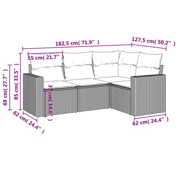 Grote foto vidaxl 4 delige loungeset met kussens poly rattan grijs tuin en terras tuinmeubelen