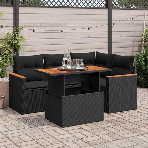 Grote foto vidaxl 5 delige loungeset met kussens poly rattan acacia zwart tuin en terras tuinmeubelen