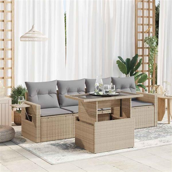 Grote foto vidaxl 5 delige loungeset met kussens poly rattan beige tuin en terras tuinmeubelen