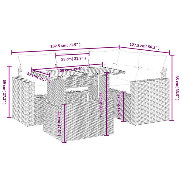 Grote foto vidaxl 5 delige loungeset met kussens poly rattan grijs tuin en terras tuinmeubelen