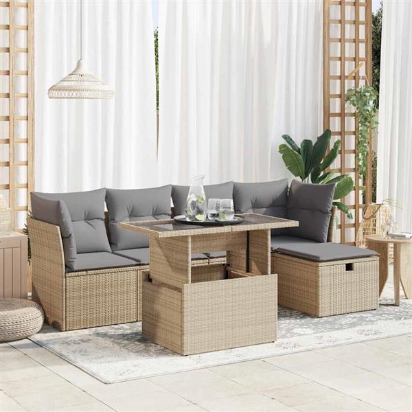 Grote foto vidaxl 6 delige loungeset met kussens poly rattan beige tuin en terras tuinmeubelen