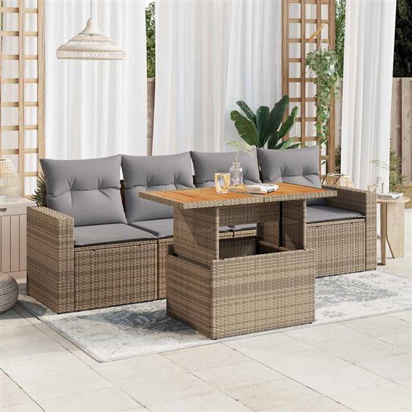 Grote foto vidaxl 5 delige loungeset met kussens poly rattan beige tuin en terras tuinmeubelen