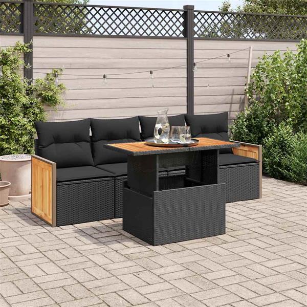 Grote foto vidaxl 5 delige loungeset met kussens poly rattan acacia zwart tuin en terras tuinmeubelen