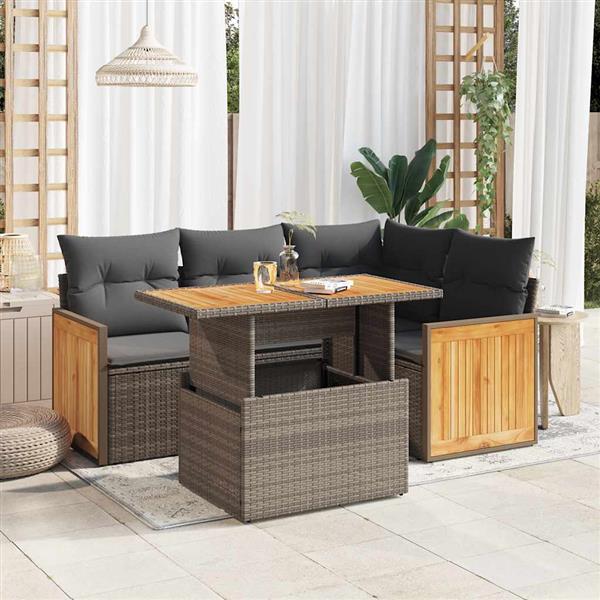 Grote foto vidaxl 5 delige loungeset met kussens poly rattan acacia grijs tuin en terras tuinmeubelen