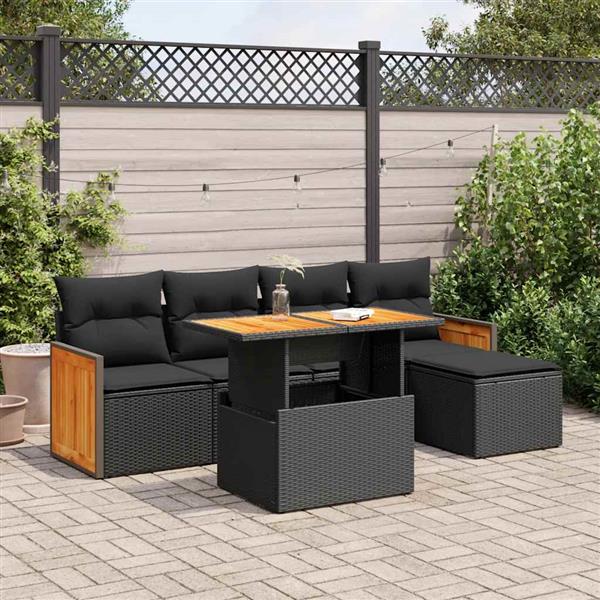 Grote foto vidaxl 6 delige loungeset met kussens poly rattan acacia zwart tuin en terras tuinmeubelen