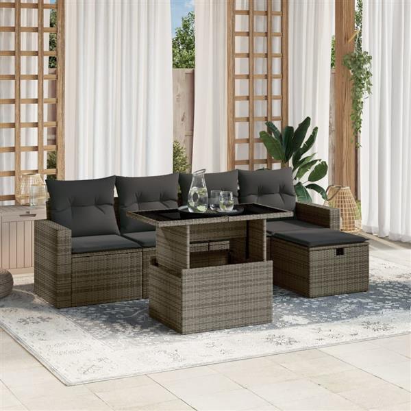 Grote foto vidaxl 6 delige loungeset met kussens poly rattan grijs tuin en terras tuinmeubelen