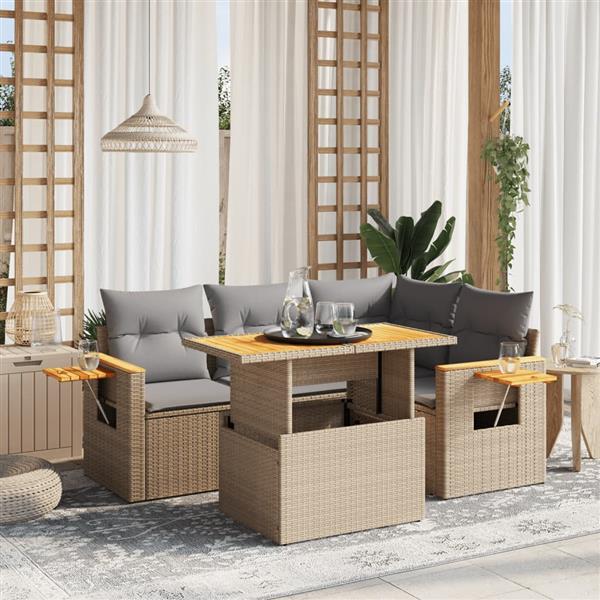 Grote foto vidaxl 5 delige loungeset met kussens poly rattan beige tuin en terras tuinmeubelen