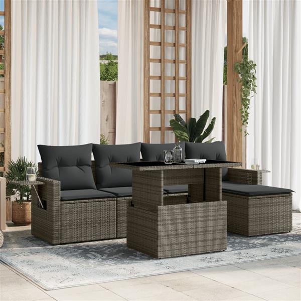 Grote foto vidaxl 6 delige loungeset met kussens poly rattan grijs tuin en terras tuinmeubelen