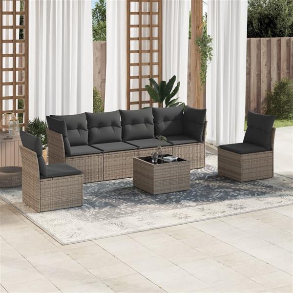 Grote foto vidaxl 7 delige loungeset met kussens poly rattan grijs tuin en terras tuinmeubelen