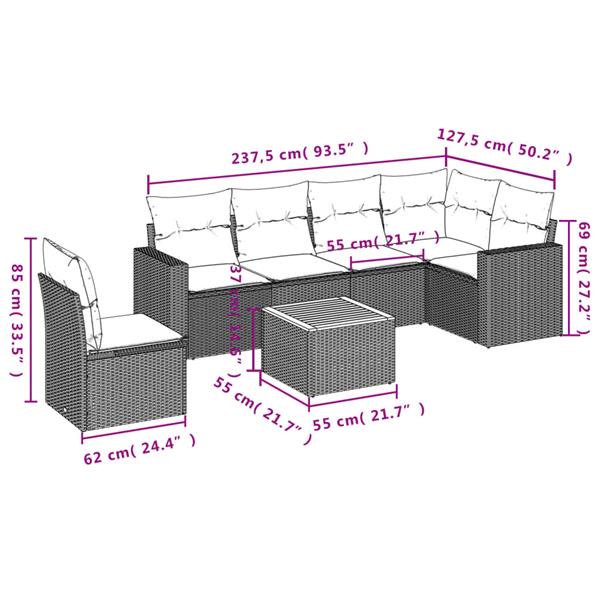 Grote foto vidaxl 7 delige loungeset met kussens poly rattan zwart tuin en terras tuinmeubelen