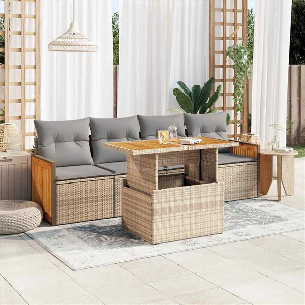 Grote foto vidaxl 5 delige loungeset met kussens poly rattan en acaciahout beige tuin en terras tuinmeubelen