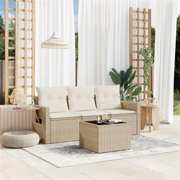 Grote foto vidaxl 4 delige loungeset met kussens poly rattan beige tuin en terras tuinmeubelen