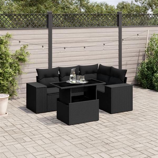 Grote foto vidaxl 5 delige loungeset met kussens poly rattan zwart tuin en terras tuinmeubelen