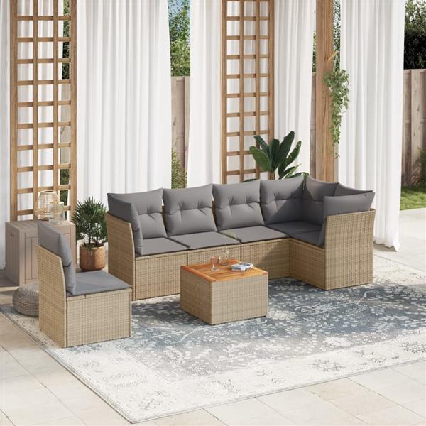 Grote foto vidaxl 7 delige loungeset met kussens poly rattan beige tuin en terras tuinmeubelen