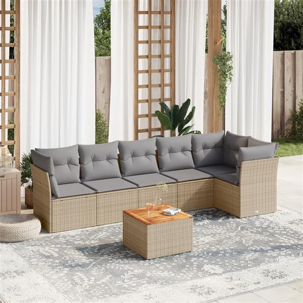 Grote foto vidaxl 7 delige loungeset met kussens poly rattan beige tuin en terras tuinmeubelen