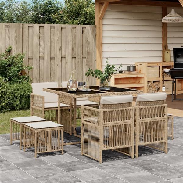 Grote foto vidaxl 9 delige tuinset met kussens poly rattan beige tuin en terras tuinmeubelen