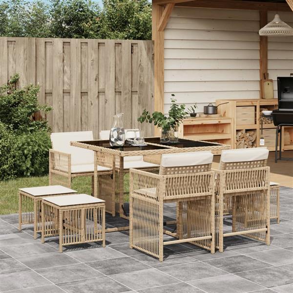 Grote foto vidaxl 9 delige tuinset met kussens poly rattan beige tuin en terras tuinmeubelen