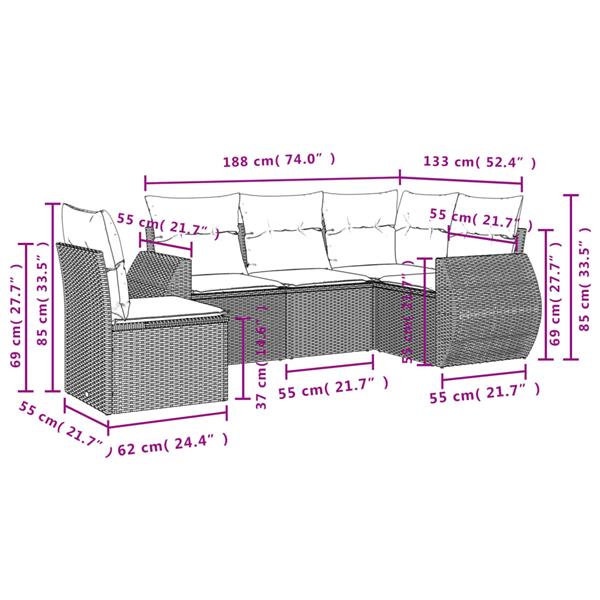 Grote foto vidaxl 5 delige loungeset met kussens poly rattan bruin tuin en terras tuinmeubelen