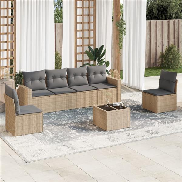 Grote foto vidaxl 7 delige loungeset met kussens poly rattan beige tuin en terras tuinmeubelen