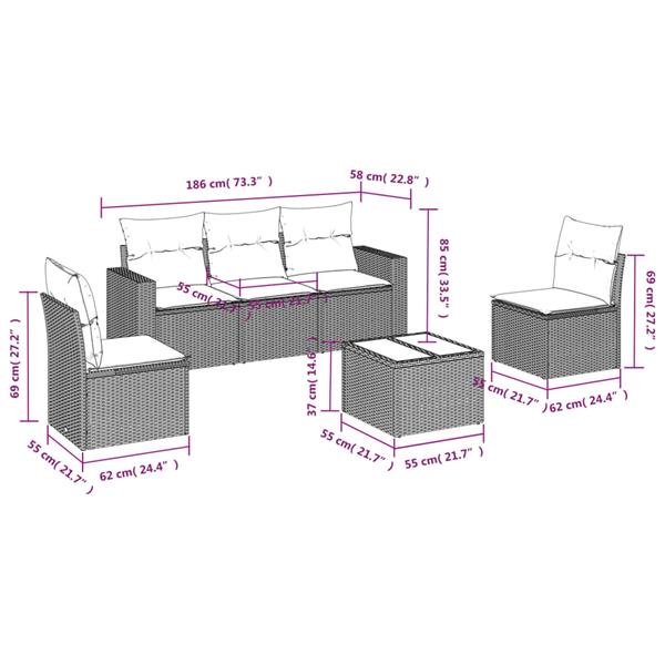 Grote foto vidaxl 6 delige loungeset met kussens poly rattan bruin tuin en terras tuinmeubelen