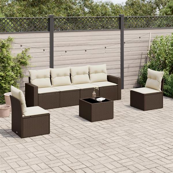 Grote foto vidaxl 7 delige loungeset met kussens poly rattan bruin tuin en terras tuinmeubelen