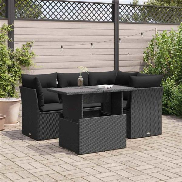 Grote foto vidaxl 5 delige loungeset met kussens poly rattan zwart tuin en terras tuinmeubelen