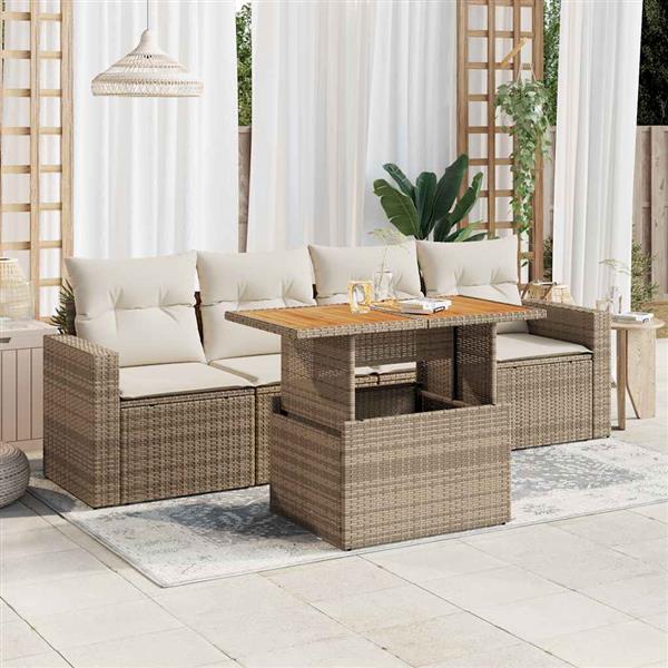 Grote foto vidaxl 5 delige loungeset met kussens poly rattan beige tuin en terras tuinmeubelen