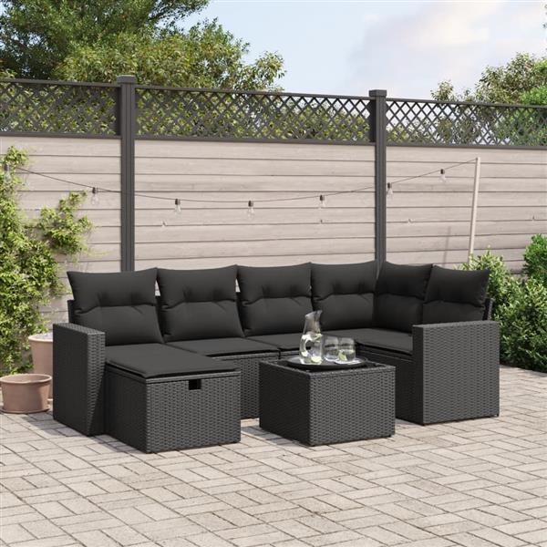 Grote foto vidaxl 7 delige loungeset met kussens poly rattan zwart tuin en terras tuinmeubelen