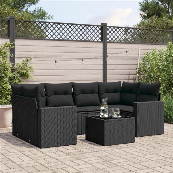 Grote foto vidaxl 7 delige loungeset met kussens poly rattan zwart tuin en terras tuinmeubelen