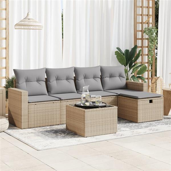 Grote foto vidaxl 6 delige loungeset met kussens poly rattan beige tuin en terras tuinmeubelen