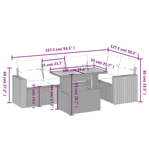 Grote foto vidaxl 6 delige loungeset met kussens poly rattan grijs tuin en terras tuinmeubelen