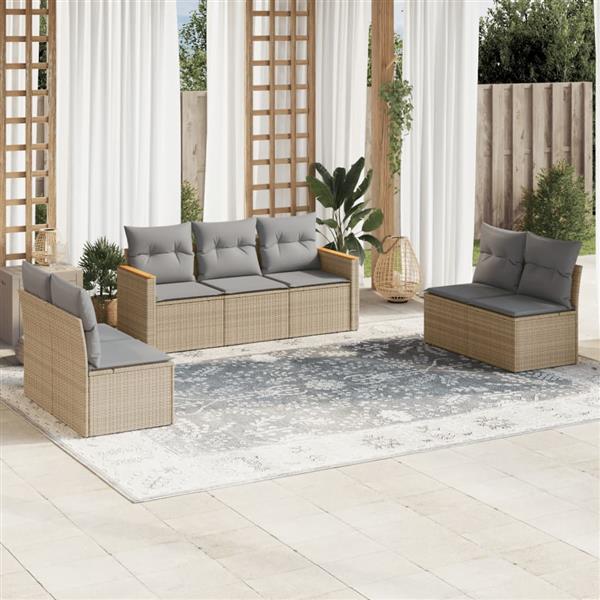 Grote foto vidaxl 7 delige loungeset met kussens poly rattan beige tuin en terras tuinmeubelen