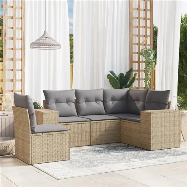 Grote foto vidaxl 5 delige loungeset met kussens poly rattan beige tuin en terras tuinmeubelen