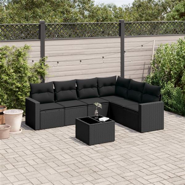 Grote foto vidaxl 7 delige loungeset met kussens poly rattan zwart tuin en terras tuinmeubelen