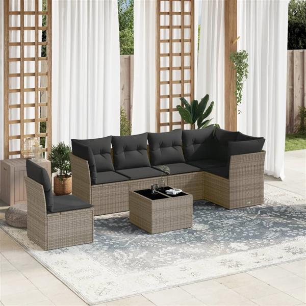 Grote foto vidaxl 7 delige loungeset met kussens poly rattan grijs tuin en terras tuinmeubelen