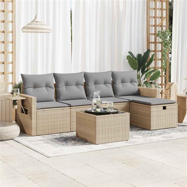 Grote foto vidaxl 6 delige loungeset met kussens poly rattan beige tuin en terras tuinmeubelen