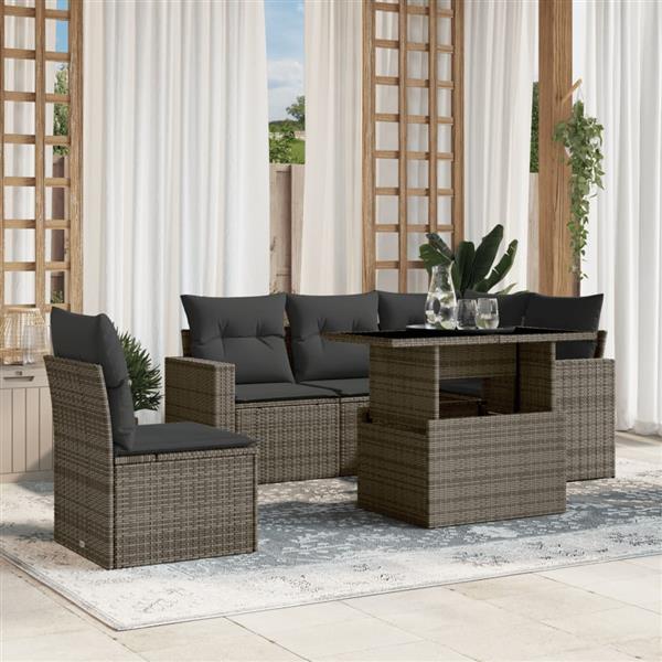 Grote foto vidaxl 6 delige loungeset met kussens poly rattan grijs tuin en terras tuinmeubelen