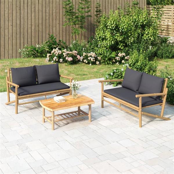 Grote foto vidaxl 3 delige loungeset met kussens bamboe donkergrijs tuin en terras tuinmeubelen